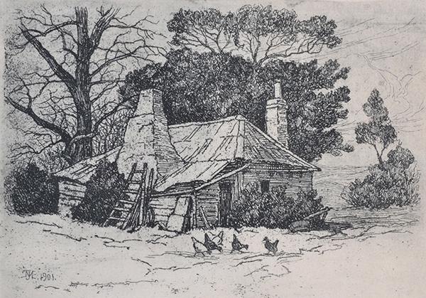 Appraisal: JOHN MATHER - Cottage and Chickens etching JOHN MATHER -