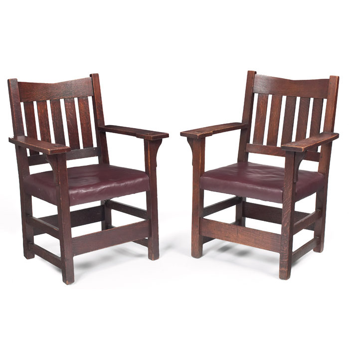 Appraisal: Gustav Stickley armchairs A pair V back form with five