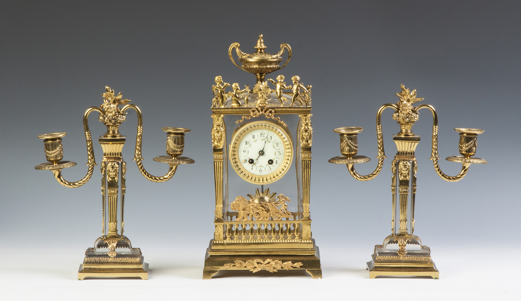 Appraisal: French Gilt Bronze Crystal Three Piece Clock Set th cent