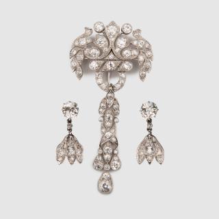 Appraisal: Platinum and Diamond Brooch and Earrings Platinum and Diamond Brooch