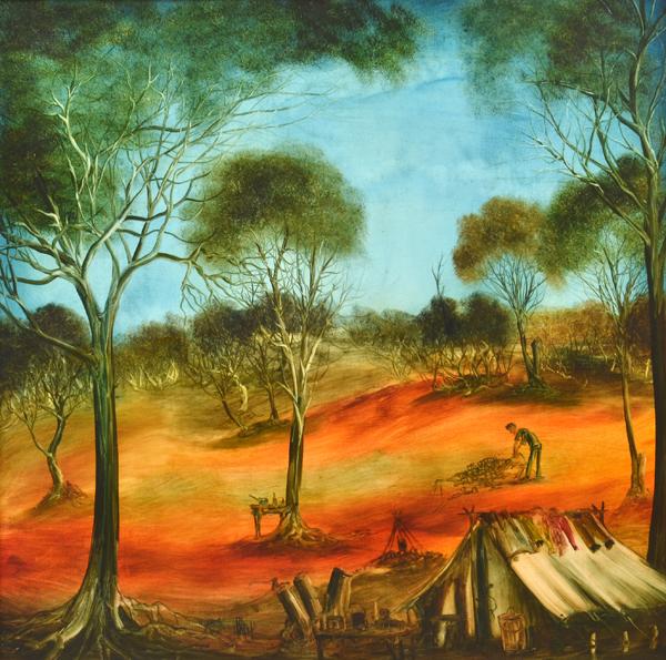 Appraisal: PRO HART - Trapper's Camp oil on canvas PRO HART