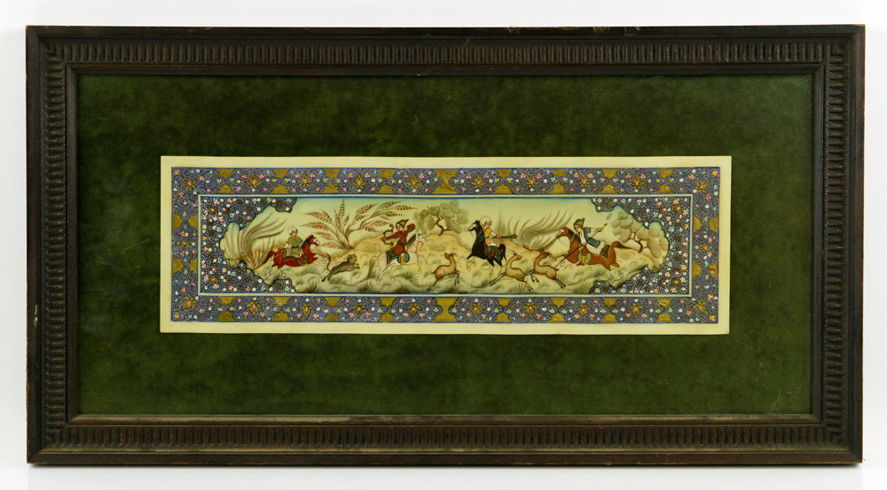 Appraisal: - Persian Miniature Painting Persian miniature painting depicting a hunt