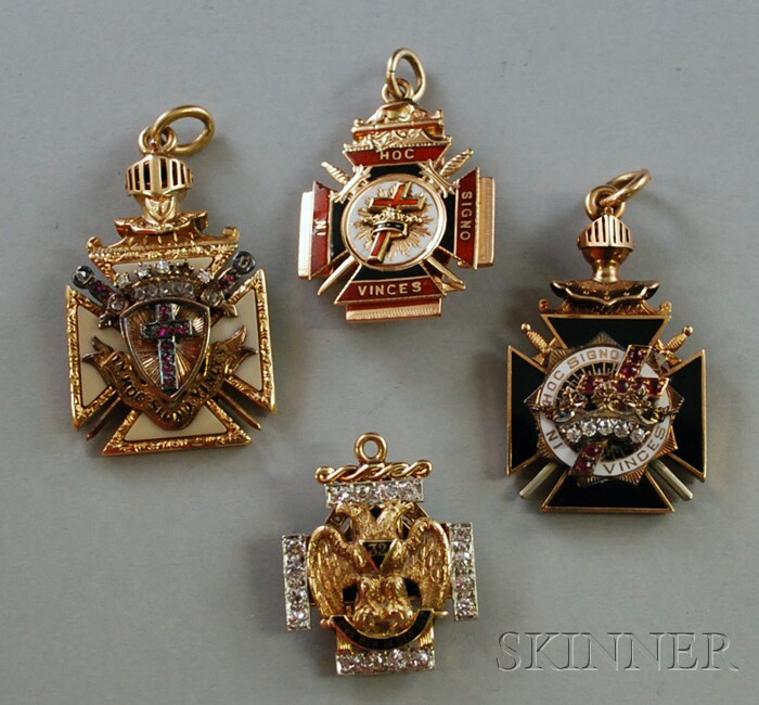 Appraisal: Four Gold Diamond and Gem-set Masonic Pendants an kt gold