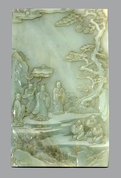 Appraisal: A carved greenish-white nephrite plaque Qianlong Period Of rectangular format