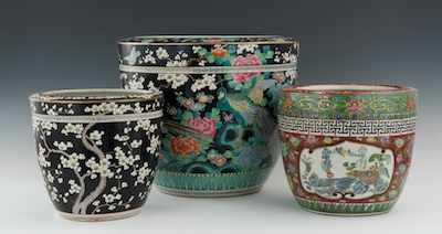 Appraisal: Three Chinese Enameled Jardinieres The largest and most colorful measures