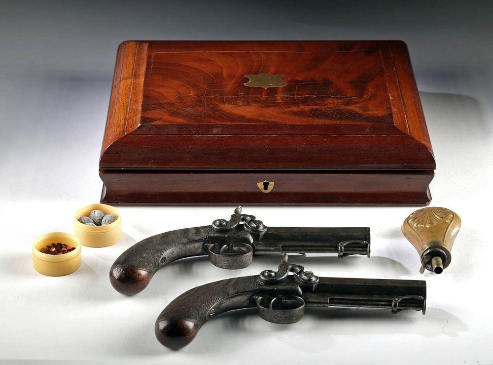 Appraisal: th C British Dueling Pistols Accessories Case Originally Listed At