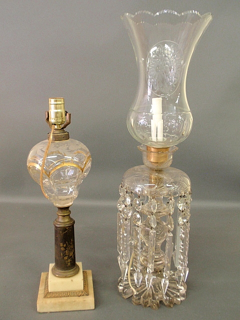 Appraisal: - Large cut-glass lamp with drop prisms and etched shade