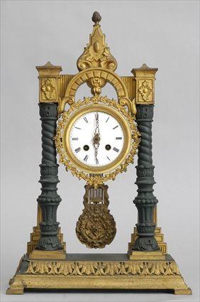 Appraisal: BAROQUE-STYLE PAINTED AND GILT-METAL PILLAR CLOCK The enamel dial within