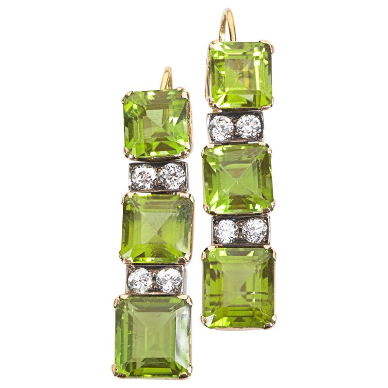 Appraisal: PERIDOT AND DIAMOND FLEXIBLE ICICLE EARRINGS Six square faceted peridots