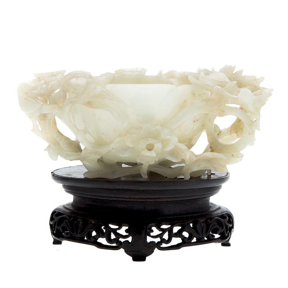 Appraisal: Chinese Carved Jade Flower Bowl th century elaborately carved flower