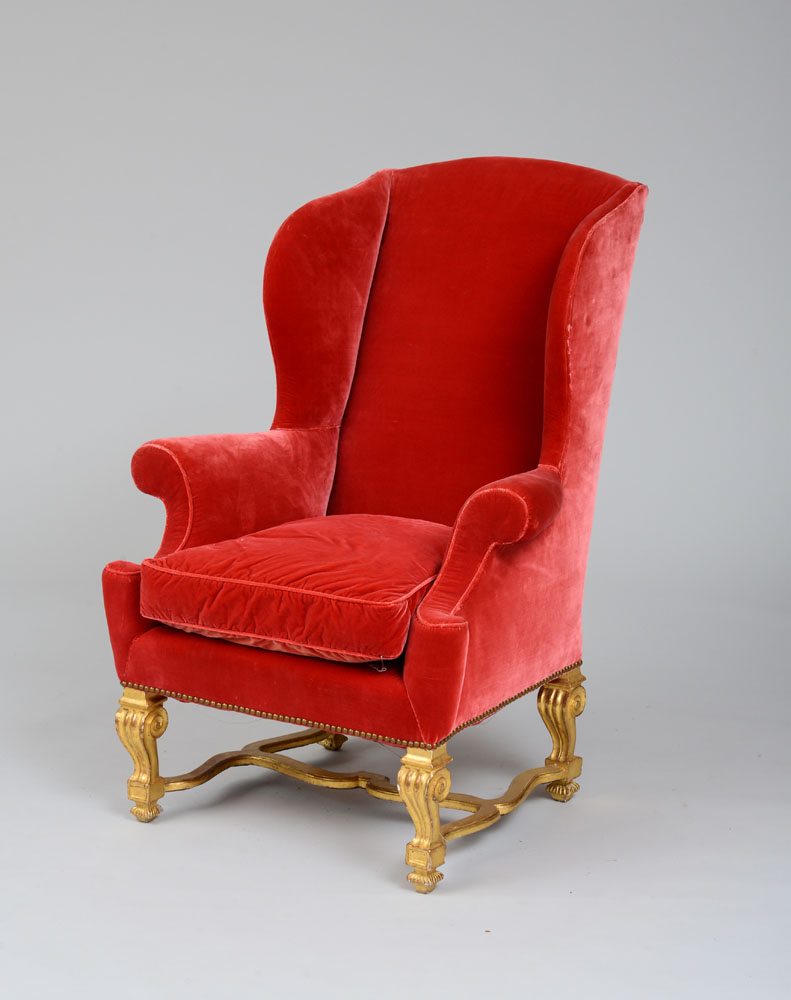 Appraisal: WILLIAM AND MARY STYLE GILTWOOD WING CHAIR x x in