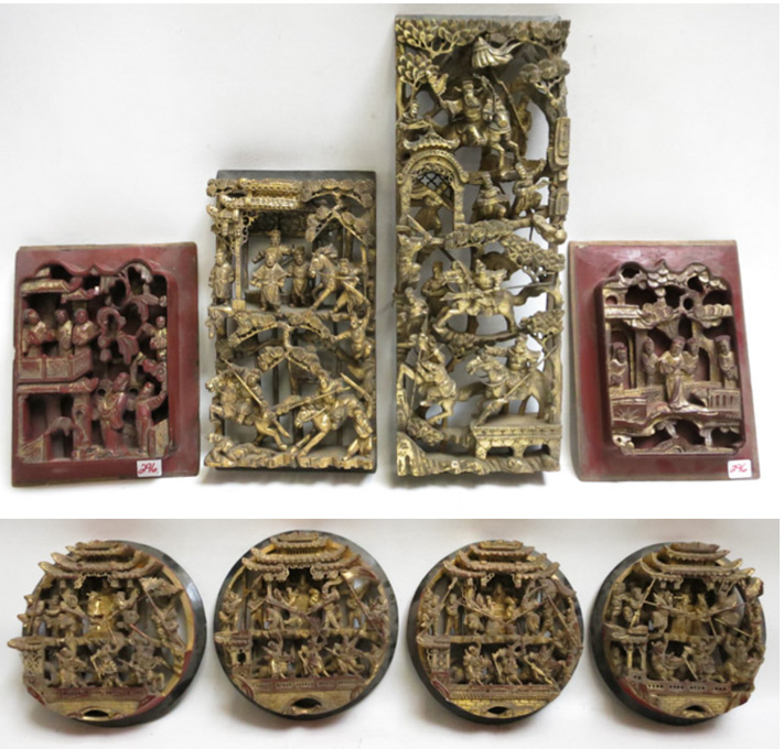 Appraisal: EIGHT CARVED AND GILT WOOD PANELS depicting scholars warriors and