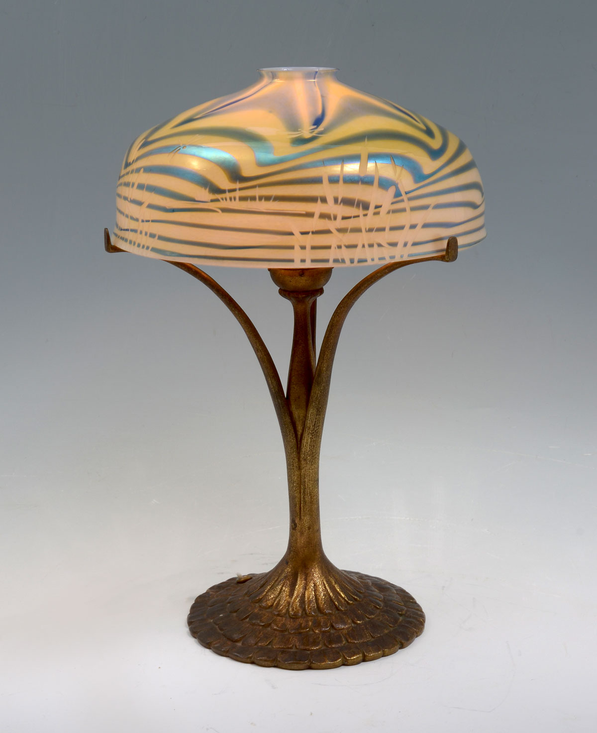 Appraisal: TIFFANY STYLE SIGNED ART GLASS DORE BRONZE DESK LAMP Dore