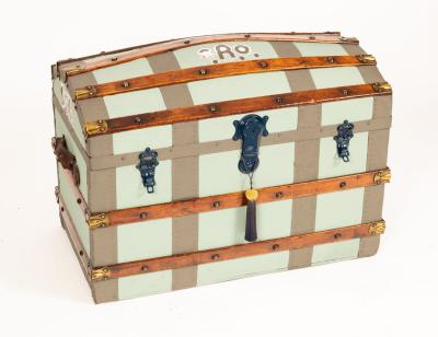 Appraisal: A blue painted dome top cabin trunk wooden slatted and