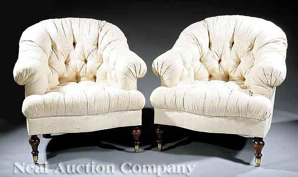 Appraisal: A Pair of English Mahogany Club Chairs tufted cr me