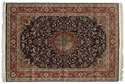 Appraisal: Finely woven silk rug central medallion on black field with