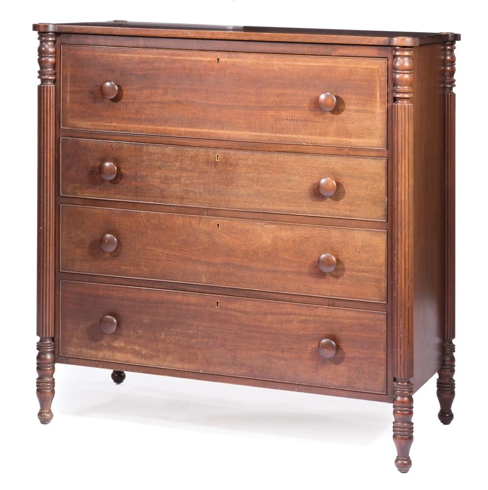 Appraisal: Federal-Style Mahogany Chest of Drawers turret corners one drawer over