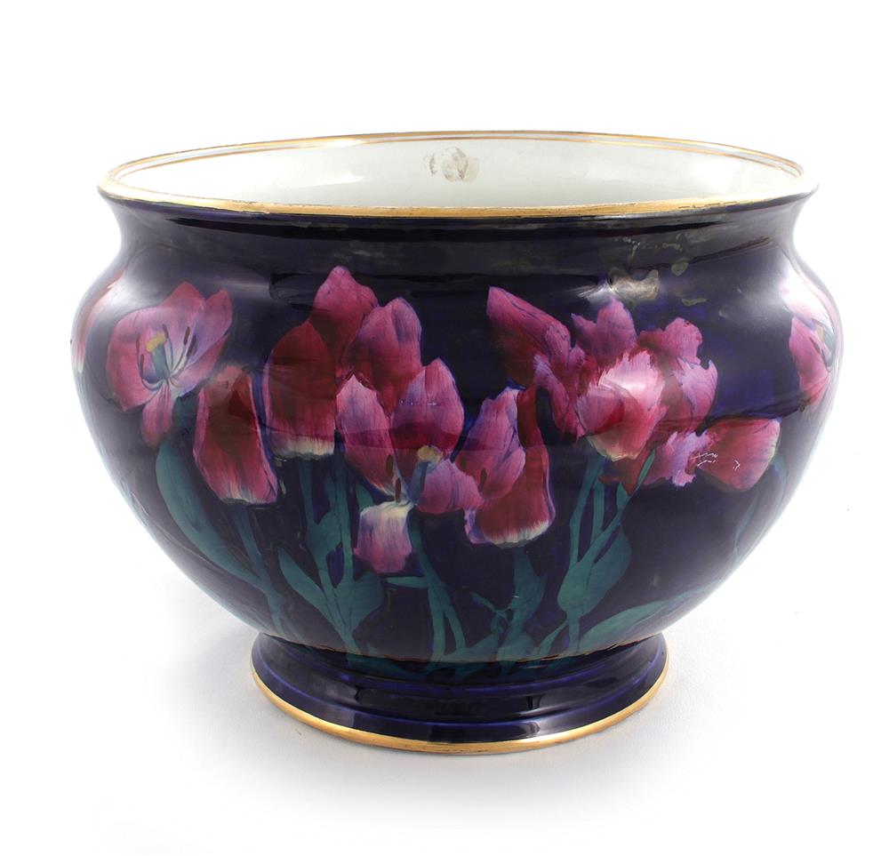 Appraisal: George Jones Imperial Rouge jardiniere circa vivid tulips on cobalt