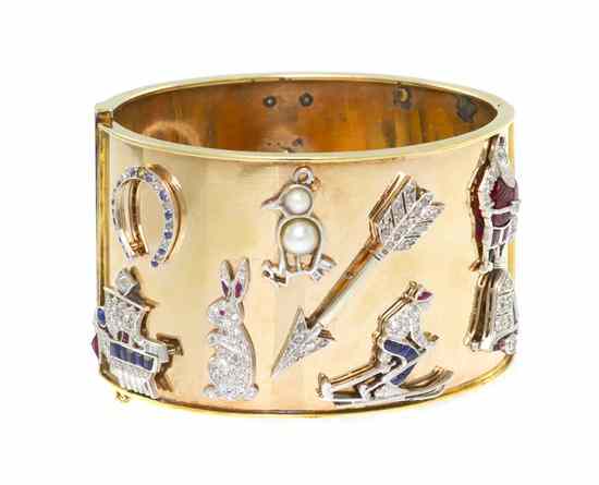 Appraisal: A Yellow Gold Bangle Bracelet with Attached Art Deco Platinum