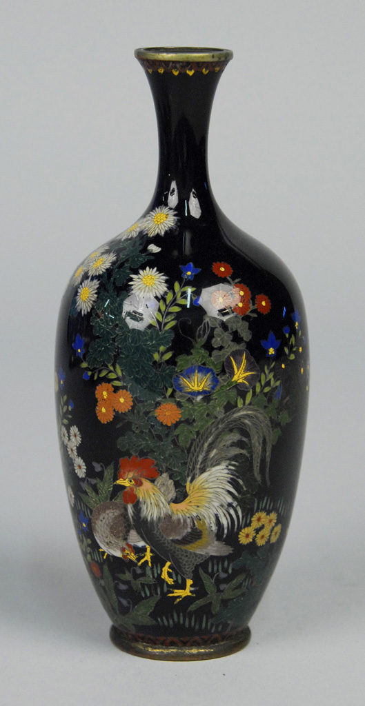 Appraisal: JAPANESE CLOISONNE ROOSTER AND FLOWER DECORATED BOTTLE FORM VASE height