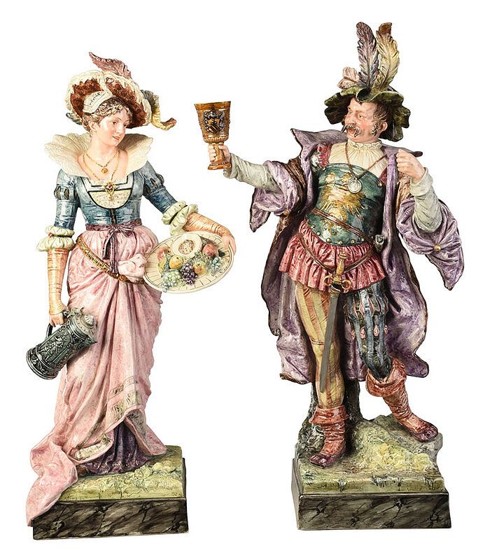 Appraisal: Pair of Large German Majolica Figures th th century brightly