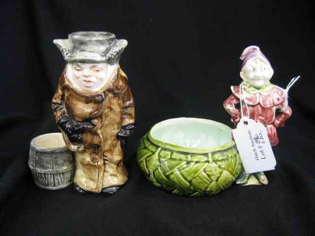 Appraisal: Figural Majolica Pottery Items toothpick holder with lady in water