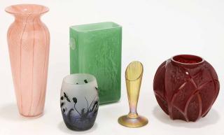 Appraisal: Group of Five Art Glass Vases Lundberg Studios Ramski cameo