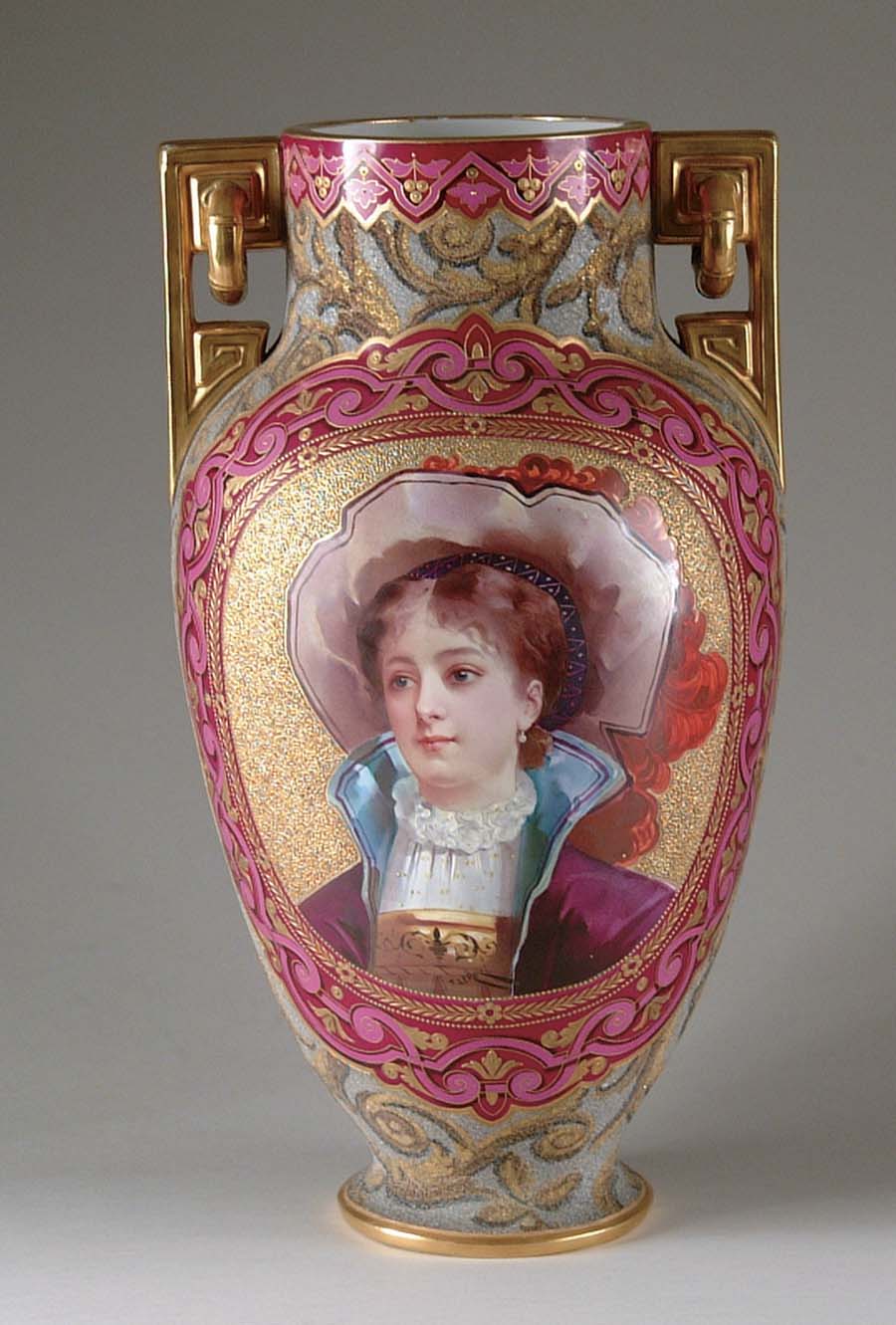 Appraisal: LARGE PORCELAIN CORALENE VASE Beautifully decorated vase has portrait of