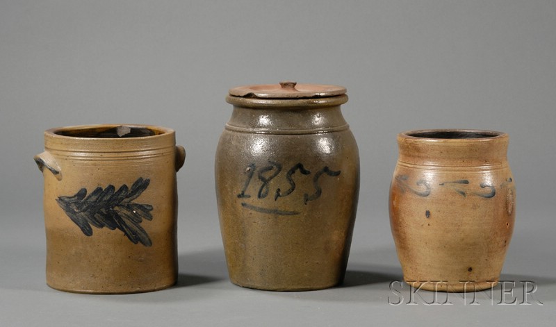 Appraisal: Three Cobalt-decorated Stoneware Jars America early to late th century