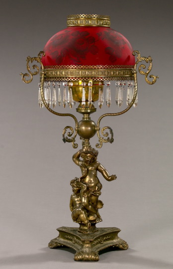 Appraisal: Imposing American Bronze-Patinated Brass Two Cherubs Kerosene Parlor Lamp fourth