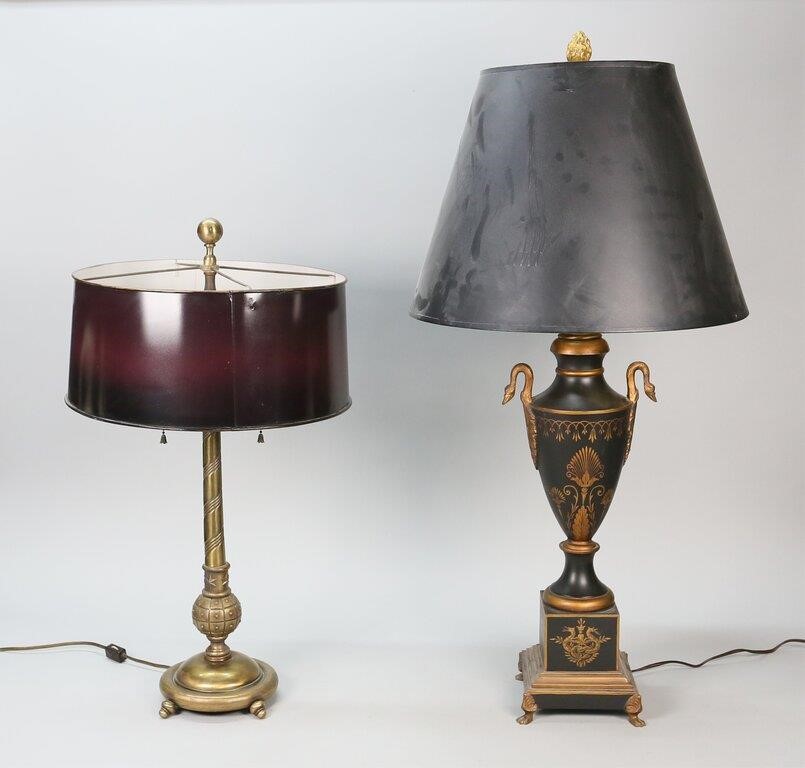 Appraisal: LAMPS table lamps Hand painted tole urn lamp with swan