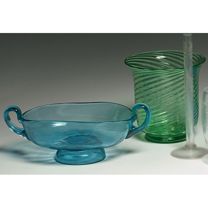 Appraisal: Steuben bowl footed and handled form in blue glass w