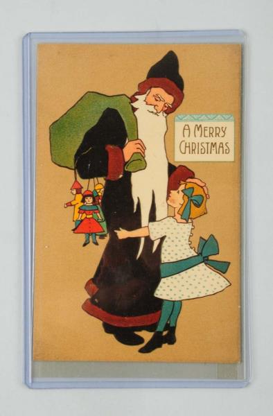 Appraisal: Black Suit Santa Postcard Art Deco style Santa in a