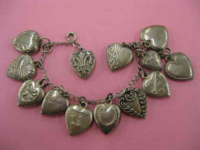 Appraisal: Antique Sterling Silver Heart Bracelet different hearts ''