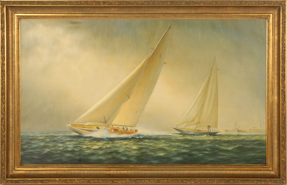 Appraisal: FRAMED PAINTING Two J class yachts racing under full sail