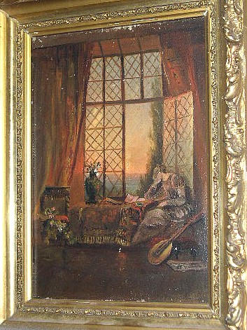 Appraisal: Oil on canvas woman by window framed unsigned some paint