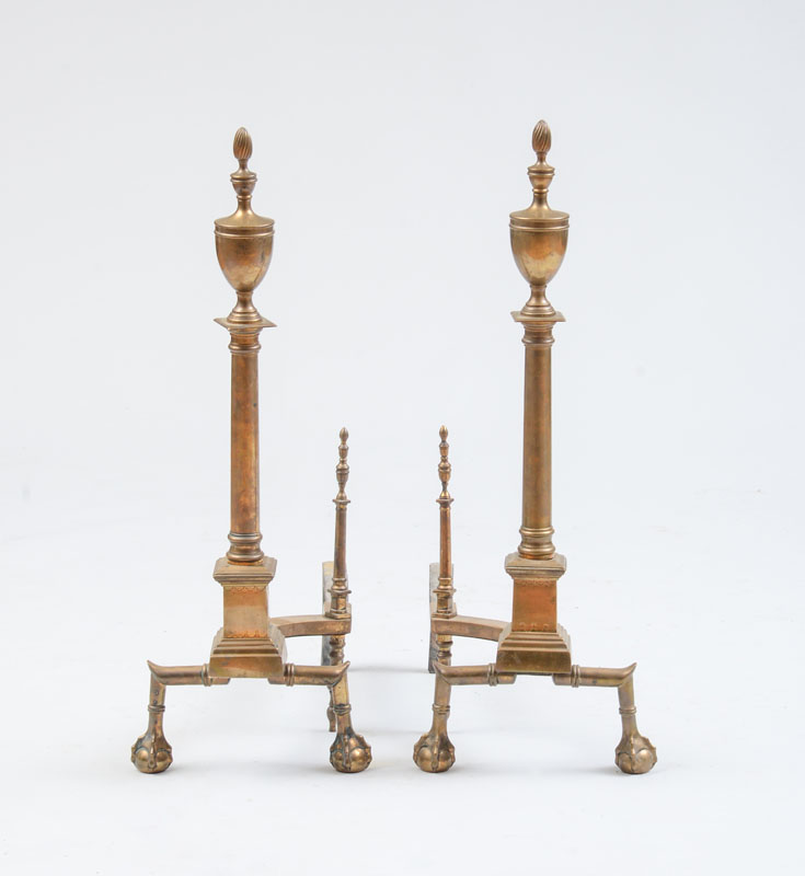 Appraisal: PAIR OF FEDERAL STYLE ENGRAVED BRASS ANDIRONS x x in