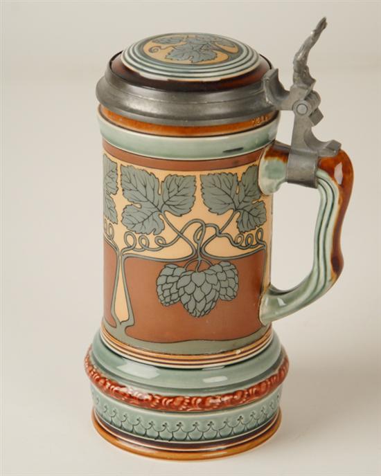 Appraisal: A Mettlach Lidded Stein liter decorated in a matte Jugendstil