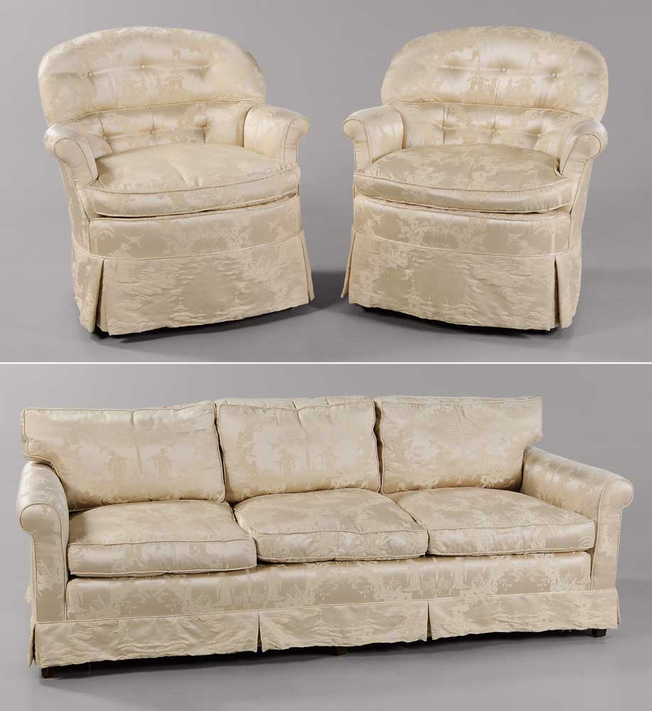 Appraisal: Upholstered Sofa and Pair Club Chairs late th century each