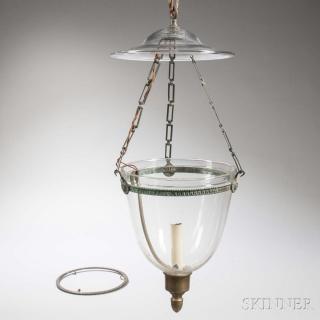 Appraisal: Hanging Glass and Brass Hall Light th century deep glass