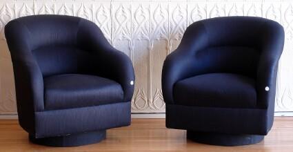 Appraisal: PAIR OF STRIPED CHARCOAL GRAY UPHOLSTERED SWIVEL ARMCHAIRS in Provenance