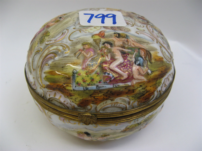 Appraisal: CAPODIMONTE ROUND COVERED PORCELAIN BOX having painted raised classical figures