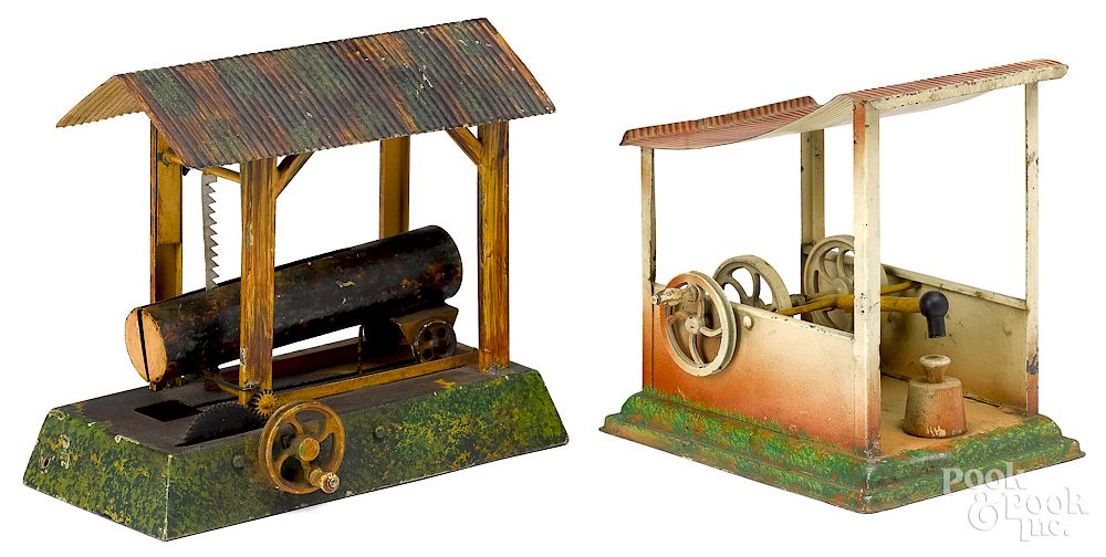 Appraisal: Plank painted tin sawmill steam toy accessory etc Plank painted