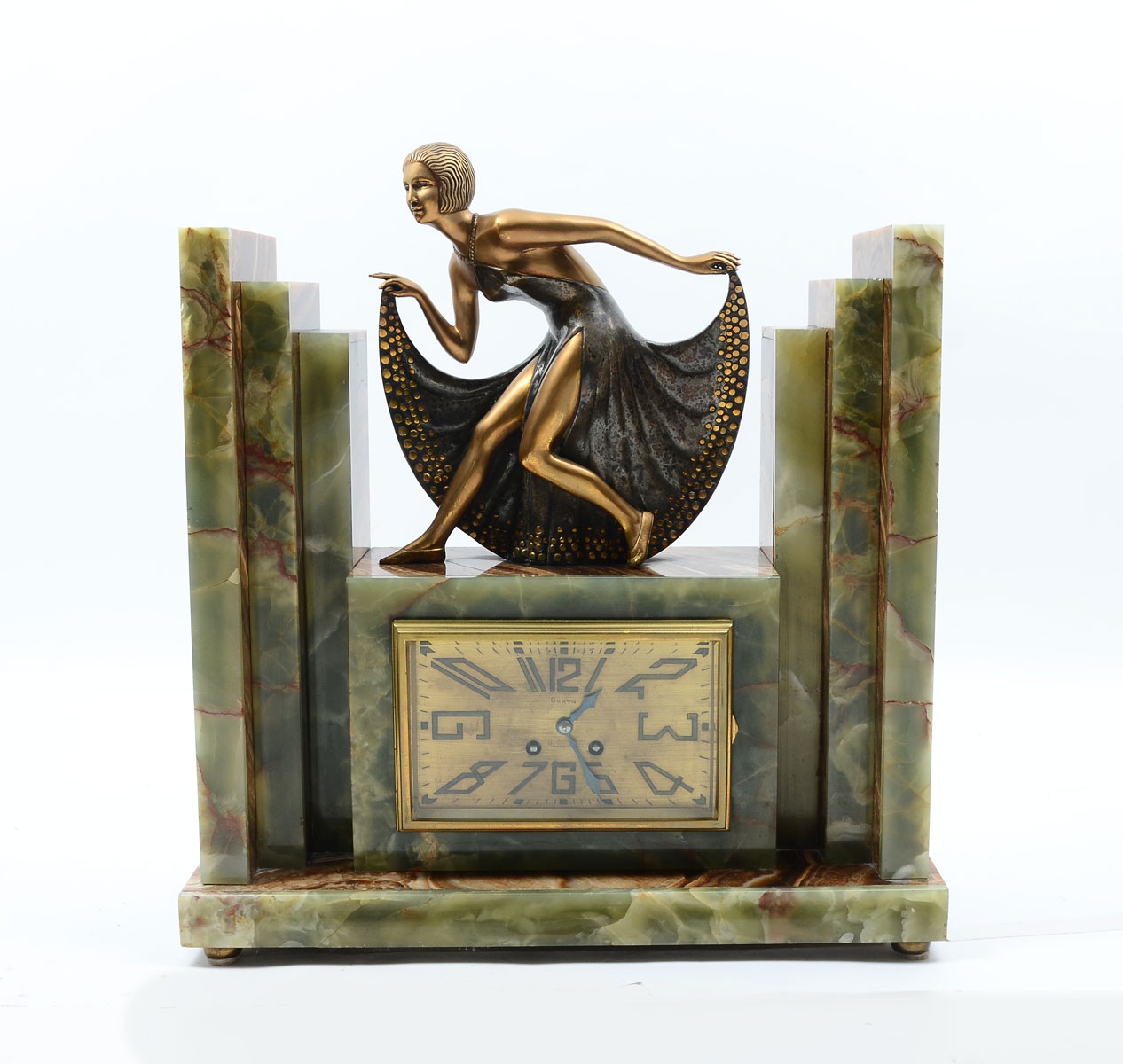 Appraisal: LARGE ART DECO FIGURAL ONYX MANTLE CLOCK Gold toned art