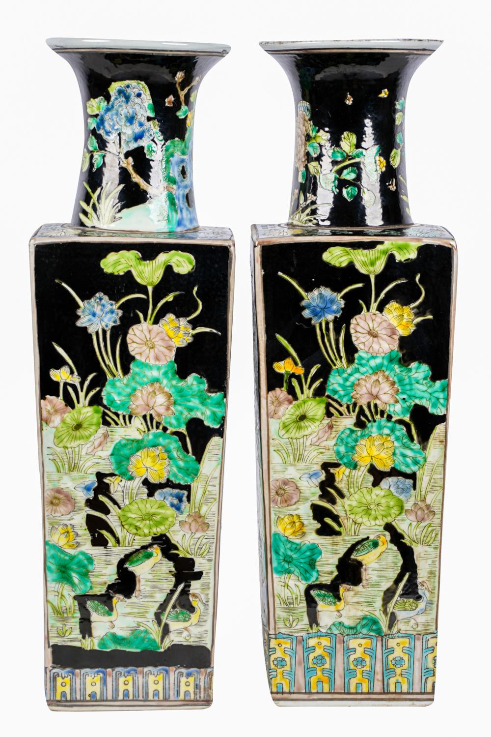 Appraisal: PAIR OF CHINESE FAMILLE NOIR SQUARE PORCELAIN VASESeach with marks