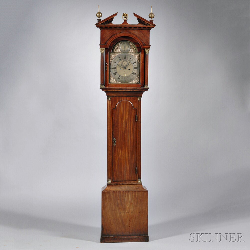 Appraisal: English Mahogany Longcase Clock c dental molded pitch pediment hood