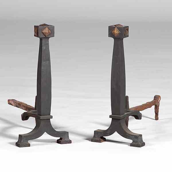 Appraisal: Arts Crafts Cast-Iron Andirons American early th century A pair