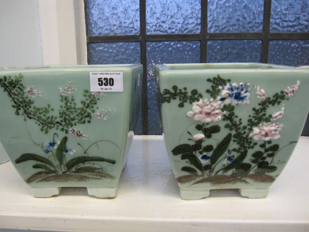 Appraisal: Pair of oriental jardinieres of square form with floral decoration