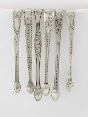 Appraisal: Six pairs of George III bright cut sugar tongs including