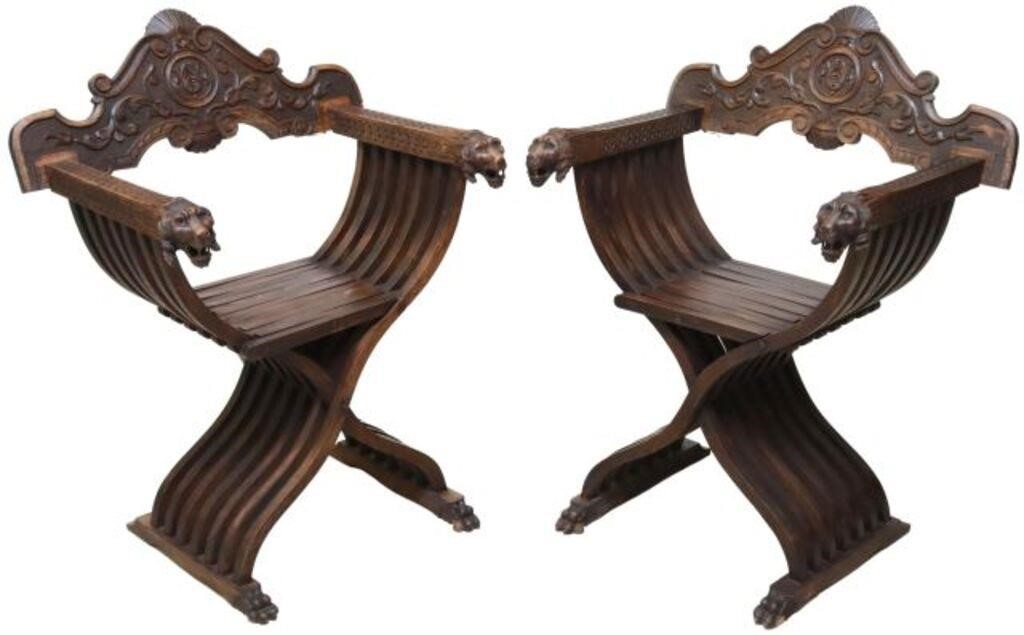 Appraisal: pair Italian carved walnut Savonarola armchairs early th c carved